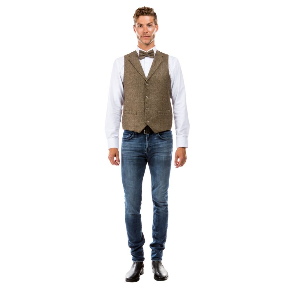 Luxury Notch Lapel Tweed Vest w/ Adjustable Strap Includes Bowtie, Tan - Picture 2 of 5